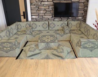Gray Rug Printed Floor Sofa Seating, U Shaped FULL Set, Moroccan Majlis, Yemen Sofa, Modular Sofa Set, Living Room Furniture, Home Decor