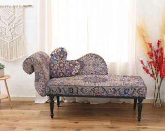 bohemian chic bench, ethnic pattern, artistic furniture, end of bed bench, handmade look, hippie style, majlis style seating,