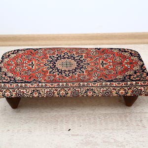 Persian Ruglike Footstool, Upholstered Kilim Ottoman, Handmade Oriental Patterned Step Stool for Vintage Home Decor, Rug Footstool