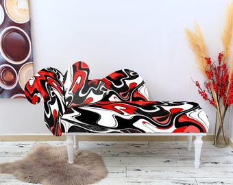 Abstract Art Chaise Lounge, Modern Liquid Swirl Settee with Heart Ottoman, Red Black and White Entryway Bench, Contemporary Loveseat