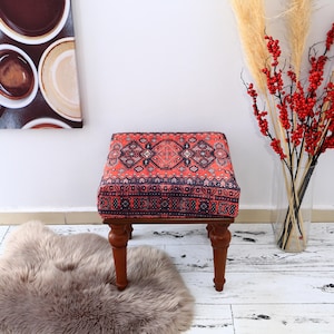 Bohemian Small Bench 18x18&quot;, Entryway Footstool, Kilim Rug Upholstered Bench, Boho Farmhouse Furniture Decor Piano Pouf,Square Kitchen Bench
