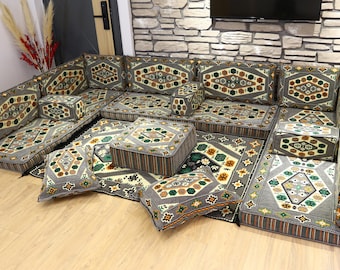 Ottomaanse vloer, grijze Arabische bank, oosterse boho loungeset, U-vormige VOLLEDIGE set, tuinmeubilair, housewarmingcadeau, kelimkussen