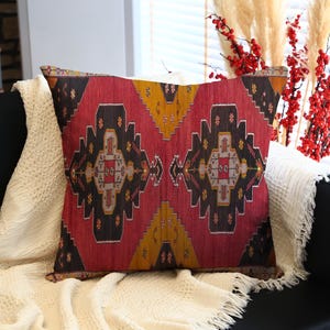 Kilim Pillow with Repeating Geometric Pattern in Yellow, Black, and Gray on Red Background, Decorative Throw Cushion for Boho, Ethnic Decor