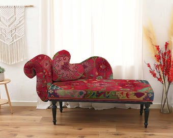 sofa with pouf, kilim rug sofa, vintage look sofa, reading nook decor, bohemian decor, woven fabric, vanity chair with back