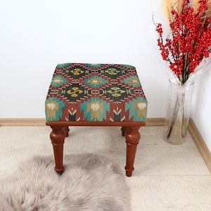 Green Vintage Small Footstool 18x18&quot;, Entryway Rug Upholstered Ottoman Bench, Boho Farmhouse Bench, Pouf Ottoman, Wood Bohemian Furniture