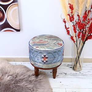 Vintage rug bench, Pouf ottoman, Footstool bench, Bean bag bench, Woven bench, Stool for entry, Vanity bench, Short stool, Blue Bench