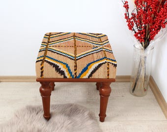 Turkish Handmade Square Stool, Ethnic Woven Accent Seat, Boho Rustic Decor, Artisan Ottoman Furniture, Unique Cultural Gift Idea