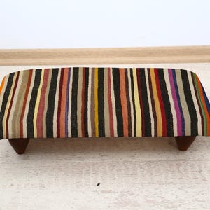 Striped Colorful Rug-Like Footstool, Handwoven Kilim Upholstered Ottoman Seat, Vibrant Accent Stool, Eclectic Boho Bench for Cozy Interiors