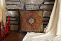 Tribal Printed Kilim pattern Pillow, Faded Oriental Rug Style Throw Pillow with Diamond Medallion in Warm Rust, Brown, Vintage Boho Cushion product logo