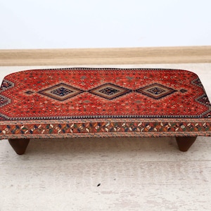 Kilim Upholstered Footstool, Handmade Ottoman with Vintage Rug Fabric, Ethnic Boho Accent Seat for Living Room or Bedroom, Rustic Footrest