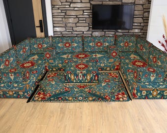 Moroccan Sofa, U shaped FULL Set, Rug Upholstered Floor Sofa Seating, 12" thickness, L shaped Sofa Set, Living Room Sofa, Oriental Majlis