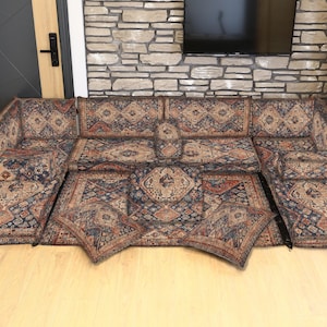 U-Shaped Floor Sofa with Ottoman and Kilim Pillows, Arabic Majlis Style Couch Set for Traditional Living Rooms, Traditional Turkish Seating
