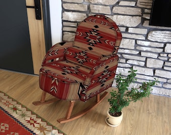 Boho Rocking Chair, Reading Chair, Vintage Anatolian Rug Print Accent Chair, Boho Living Room Chair, Rug Print Upholstery, Ethnic Home Decor
