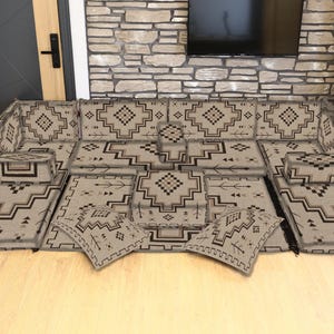 Upholstered Kilim Design Floor Sofa, U-Shaped Arabic and Moroccan Seating, Traditional Ottoman Floor Couch for Living Room Decor, Floor Sofa