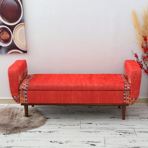 Rustic Entryway Storage Bench, Tribal Upholstered Ottoman for Small Spaces, Kilim Hall Seat, Bohemian Furniture with Arms, Boho Kilim Seat