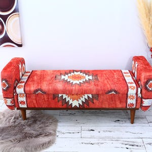 Armed storage bench, Upholstered bench, Dining table bench, Lounging bench, Handmade bench, Blue ottoman, Boho bench, Orange Bench