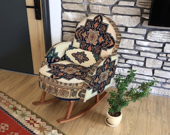 Handmade Rocker, Upholstered Wooden Accent Chair, Eclectic Living Room Seating, Reading Chair, Geometric Print Armchair, Boho Decor Piece