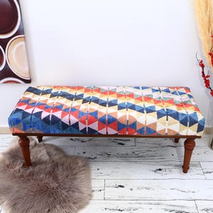 Turkish Seating, Unique Upholstered Bench, Elegant Decor, Cultural Accent Bench, Wood Kilim Bench, Turkish Bench, Bohemian Style Bench