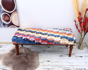 Turkish Seating, Unique Upholstered Bench, Elegant Decor, Cultural Accent Bench, Wood Kilim Bench, Turkish Bench, Bohemian Style Bench