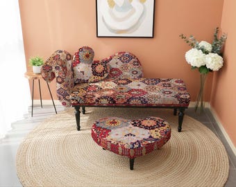 tribal pattern chair, chaise and ottoman, kilim bench, low seating sofa, end of bed bench, tapestry fabric, bohemian living room