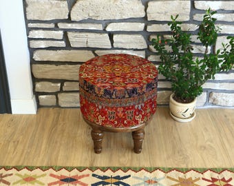 Rustic Kilim Stool, Round Upholstered Ottoman, farmhouse style, Turkish Rug Footstool, Oriental Round Puf, Wood Bench, Makeup chair, Pouf