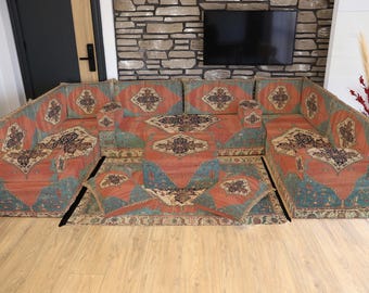 Turkish Kilim Rug Upholstered Sofa Seating, U FULL Set, 12" thickness, Modular Sofa Cover, Home Decor, Living Room Furniture, Arabic Sofa