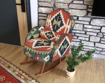 Geometric Pattern Print Rocking Chair, Upholstered Print Armchair, Rustic Wooden Rocker, Boho Living Room Accent Furniture, Home Decor