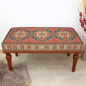 Kilim Rug Bench, Ottoman Upholstered Bench, Handmade Furniture, Footstool Bench, Aztec Bench, Farmhouse Decor, Entry Bench 18x18x48