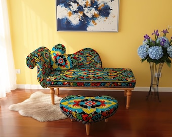 boho chic home, aztec pattern, reading chair, accent chair, ethnic pattern, tribal pattern chair, indoor bench, hippie style,