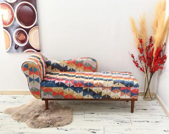 Rustic Vintage Lounge Chair with Kilim Upholstery, Handmade Boho Accent Seat, Ethnic Living Room Furniture, Cozy Tribal Bench, Cozy Lounge