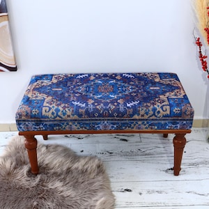 Kilim Pattern, Coffee Bench, Ottoman Bench, Upholstered Bench, Turkish Rug Bench, Kilim Bench, Home Decor Bench, Handmade Bench, Blue Bench
