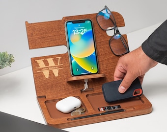 Personalised Wooden Docking Station with Neat Storage Solutions for Organising Everyday Items with Personalised Engraving