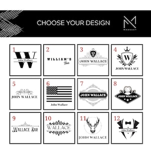 Puede incluir: Una selecci&oacute;n de doce opciones de dise&ntilde;o, cada una en un marco cuadrado, con gr&aacute;ficos en blanco y negro. Los dise&ntilde;os incluyen iniciales, escudos, una bandera estadounidense y otros elementos decorativos. El texto "CHOOSE YOUR DESIGN" est&aacute; en la parte superior.