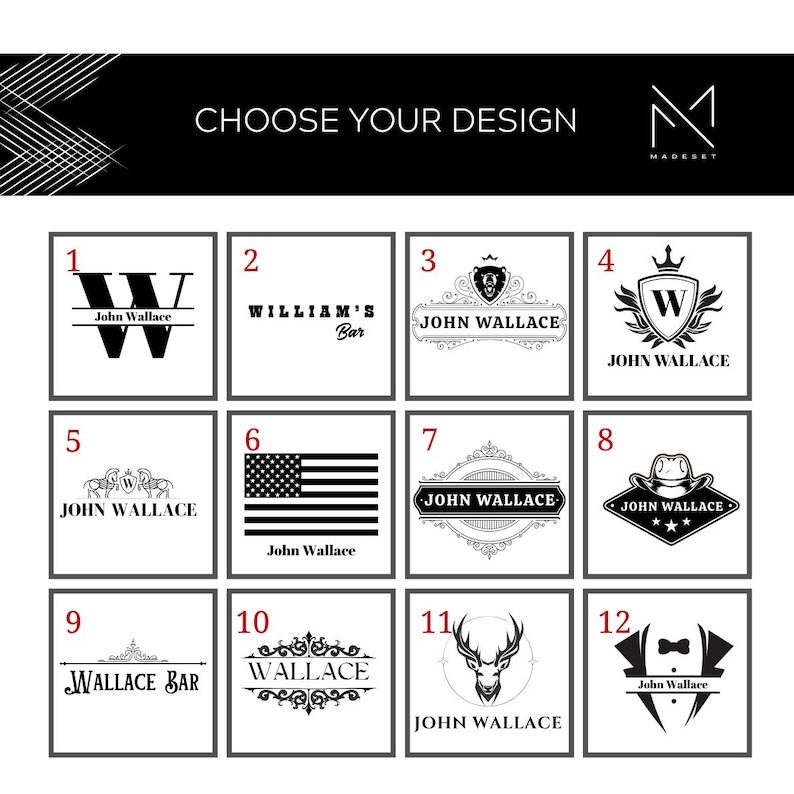 Puede incluir: Una selecci&oacute;n de doce opciones de dise&ntilde;o, cada una en un marco cuadrado, con gr&aacute;ficos en blanco y negro. Los dise&ntilde;os incluyen iniciales, escudos, una bandera estadounidense y otros elementos decorativos. El texto "CHOOSE YOUR DESIGN" est&aacute; en la parte superior.