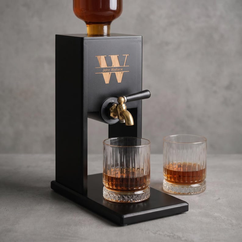 Puede incluir: Dispensador de licor de madera negra con grifo de lat&oacute;n y dos vasos. El dispensador tiene las iniciales "WW" y el nombre "John Wallace". Los vasos est&aacute;n llenos de l&iacute;quido &aacute;mbar.