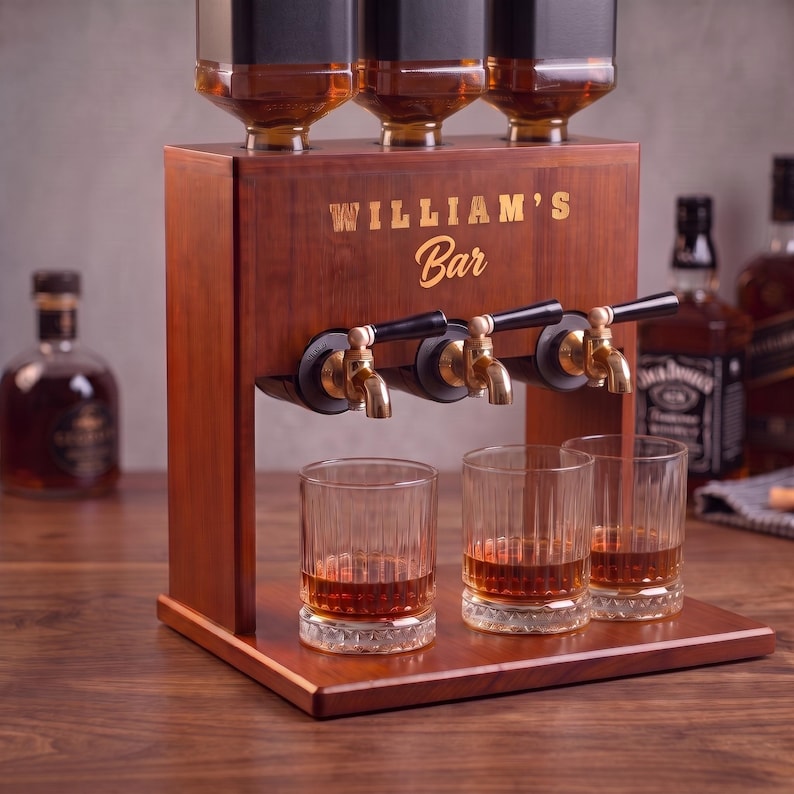 Personalized Wood Liquor Dispenser, Housewarming Gift, Personalized Dispenser, Gift for Dad, Gift for Couples, Bourbon Decanter Triple Stand- Walnut