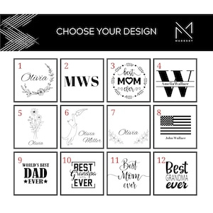 May include: A grid of twelve designs for personalized gifts. Each design features a different graphic and text, such as "Best Mom Ever", "World's Best Dad", and "Best Grandma Ever".