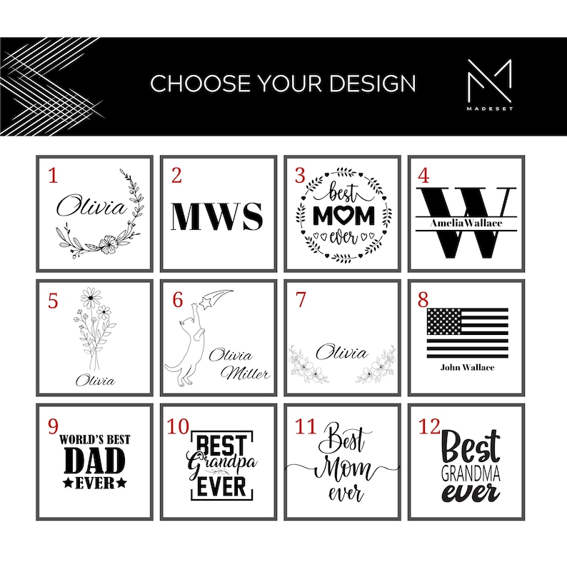 May include: A grid of twelve designs for personalized gifts. Each design features a different graphic and text, such as "Best Mom Ever", "World's Best Dad", and "Best Grandma Ever".