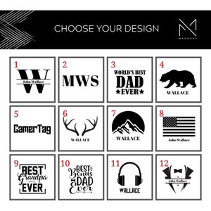May include: Twelve different designs for a personalised gift. The designs include initials, a bear, a mountain range, a gamer tag, a deer, a flag, a headphone, a bow tie, and various text designs. The text includes "World's Best Dad", "Best Grandpa Ever", "Best Bonus Dad Ever", and "GamerTag".