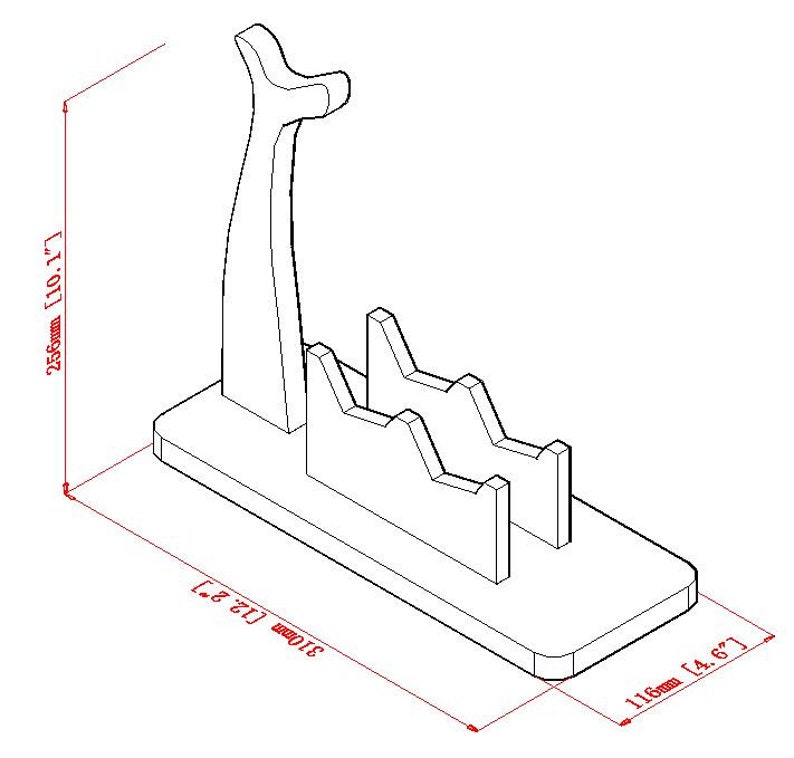 May include: A white wooden stand with a tall, curved, upright piece and a series of smaller, horizontal, curved pieces. The stand measures 310 mm long, 116 mm wide, and 256 mm tall.