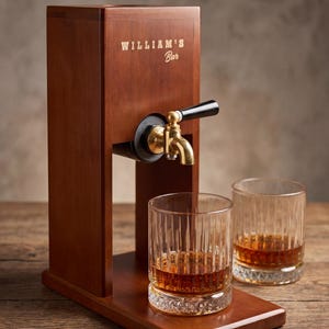 Puede incluir: Un dispensador de licores de madera con el texto "WILLIAM'S Bar" en letras doradas. Cuenta con un grifo de lat&oacute;n con un mango negro y dos vasos de l&iacute;quido &aacute;mbar. El dispensador est&aacute; sobre una superficie de madera.