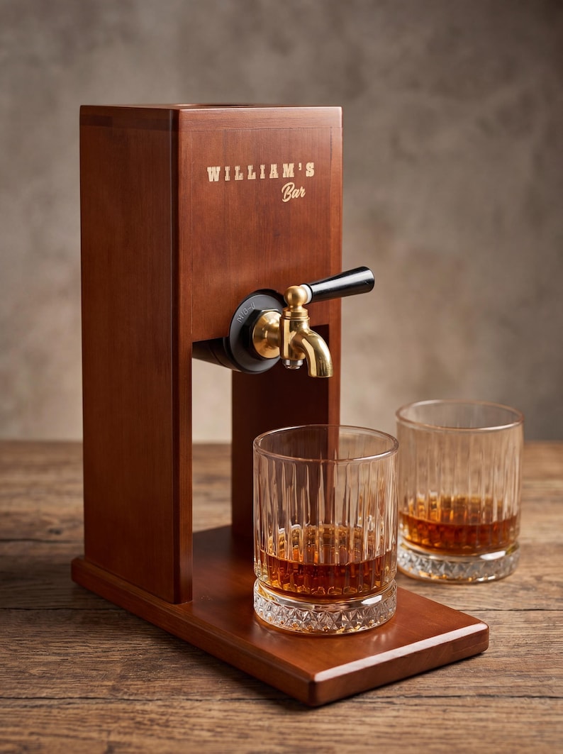 Puede incluir: Un dispensador de licores de madera con el texto "WILLIAM'S Bar" en letras doradas. Cuenta con un grifo de lat&oacute;n con un mango negro y dos vasos de l&iacute;quido &aacute;mbar. El dispensador est&aacute; sobre una superficie de madera.