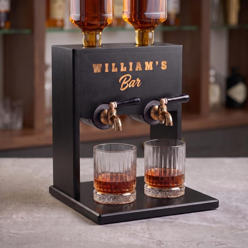 Personalized Wood Liquor Dispenser, Housewarming Gift, Personalized Dispenser, Gift for Dad, Gift for Couples, Bourbon Decanter Double Stand - Wenge