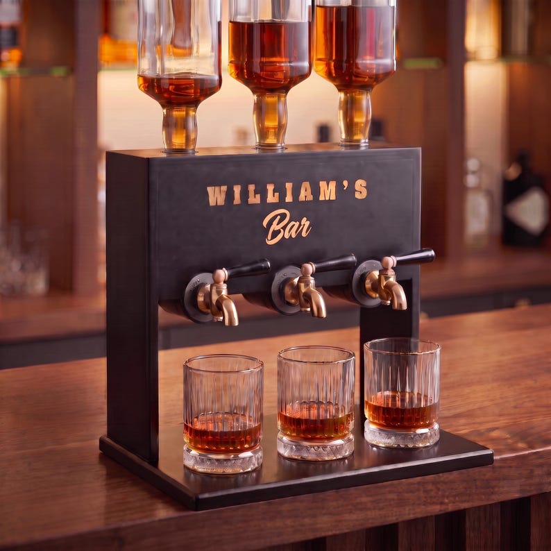 Personalized Wood Liquor Dispenser, Housewarming Gift, Personalized Dispenser, Gift for Dad, Gift for Couples, Bourbon Decanter Triple Stand - Wenge