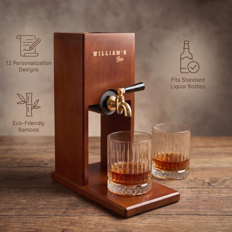 Puede incluir: Un dispensador de licor de madera con un grifo de lat&oacute;n y dos vasos llenos de l&iacute;quido &aacute;mbar. El dispensador tiene el texto "WILLIAM'S Bar" e iconos que indican 12 dise&ntilde;os de personalizaci&oacute;n, bamb&uacute; ecol&oacute;gico y que se adapta a botellas de licor est&aacute;ndar.