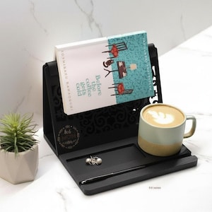 Custom Wooden Book Stand: Mug & Glasses Holder, Book Lover Gift image 12