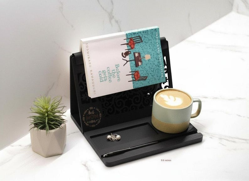 Custom Wooden Book Stand: Mug & Glasses Holder, Book Lover Gift image 12