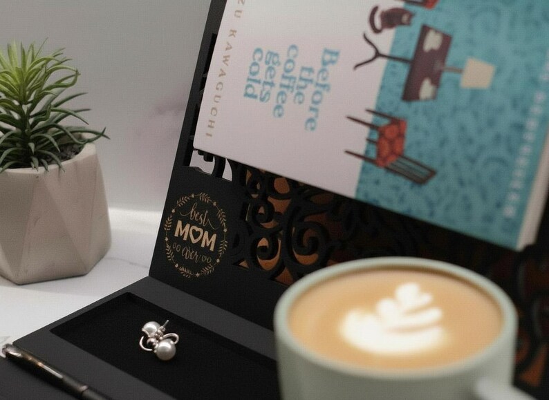Custom Wooden Book Stand: Mug & Glasses Holder, Book Lover Gift image 5