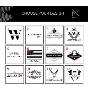 May include: A selection of twelve design options, each in a square frame, with various black and white graphics. The designs include initials, crests, an American flag, and a cowboy hat. The text "CHOOSE YOUR DESIGN" is at the top.