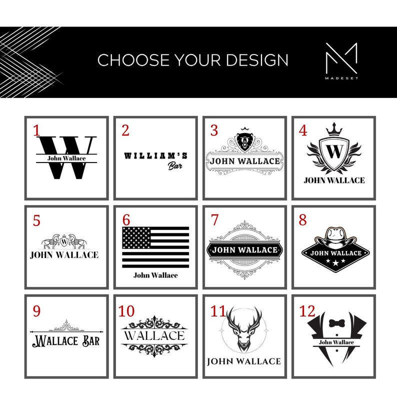 May include: A selection of twelve design options, each in a square frame, with various black and white graphics. The designs include initials, crests, an American flag, and a cowboy hat. The text "CHOOSE YOUR DESIGN" is at the top.